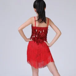 Latin Dance Dress Tassel Tiered Paillette Girls' Performance Training Long Sleeve Polyester