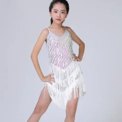 Latin Dance Dress Tassel Tiered Paillette Girls' Performance Training Long Sleeve Polyester