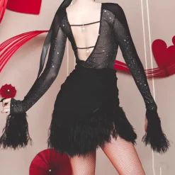 Latin Dance Exotic Dancewear Latin Salsa Dance Dress Glitter Women's Performance Daily Wear Long Sleeve Tulle