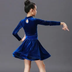 Latin Dance Kids' Dancewear Dress Pleats Pure Color Splicing Girls' Performance Training Long Sleeve Polyester Velvet