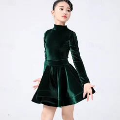 Latin Dance Kids' Dancewear Dress Pleats Pure Color Splicing Girls' Performance Training Long Sleeve Polyester Velvet