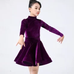 Latin Dance Kids' Dancewear Dress Pleats Pure Color Splicing Girls' Performance Training Long Sleeve Polyester Velvet