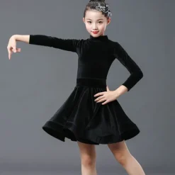 Latin Dance Kids' Dancewear Dress Pleats Pure Color Splicing Girls' Performance Training Long Sleeve Polyester Velvet