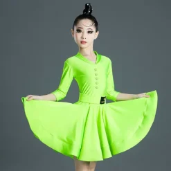 Latin Dance Kids' Dancewear Dress Pure Color Splicing Girls' Performance Training Half Sleeve High Polyester