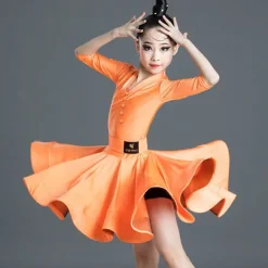 Latin Dance Kids' Dancewear Dress Pure Color Splicing Girls' Performance Training Half Sleeve High Polyester