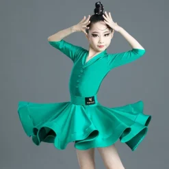 Latin Dance Kids' Dancewear Dress Pure Color Splicing Girls' Performance Training Half Sleeve High Polyester
