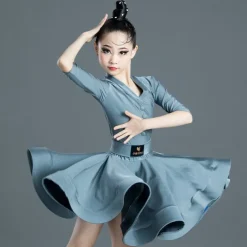 Latin Dance Kids' Dancewear Dress Pure Color Splicing Girls' Performance Training Half Sleeve High Polyester