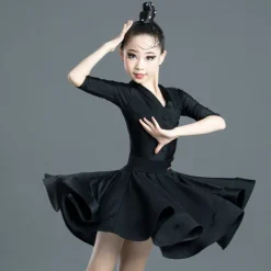Latin Dance Kids' Dancewear Dress Pure Color Splicing Girls' Performance Training Half Sleeve High Polyester