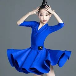 Latin Dance Kids' Dancewear Dress Pure Color Splicing Girls' Performance Training Half Sleeve High Polyester
