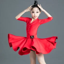 Latin Dance Kids' Dancewear Dress Pure Color Splicing Girls' Performance Training Half Sleeve High Polyester
