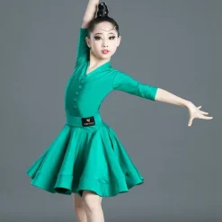 Latin Dance Kids' Dancewear Dress Pure Color Splicing Girls' Performance Training Half Sleeve High Polyester