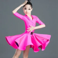 Latin Dance Kids' Dancewear Dress Pure Color Splicing Girls' Performance Training Half Sleeve High Polyester