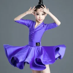 Latin Dance Kids' Dancewear Dress Pure Color Splicing Girls' Performance Training Half Sleeve High Polyester