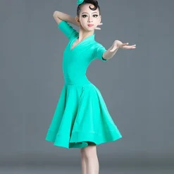 Latin Dance Kids' Dancewear Dress Pure Color Splicing Girls' Performance Training Half Sleeve High Polyester