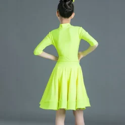 Latin Dance Kids' Dancewear Dress Pure Color Splicing Girls' Performance Training Half Sleeve High Polyester