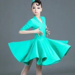 Latin Dance Kids' Dancewear Dress Pure Color Splicing Girls' Performance Training Half Sleeve High Polyester
