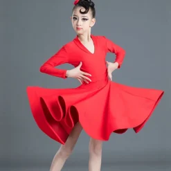 Latin Dance Kids' Dancewear Dress Pure Color Splicing Girls' Performance Training Long Sleeve High Polyester