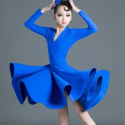 Latin Dance Kids' Dancewear Dress Pure Color Splicing Girls' Performance Training Long Sleeve High Polyester