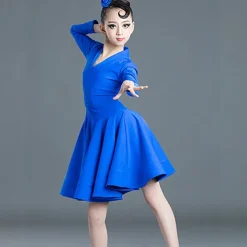 Latin Dance Kids' Dancewear Dress Pure Color Splicing Girls' Performance Training Long Sleeve High Polyester