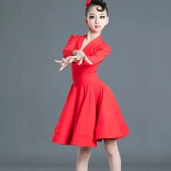 Latin Dance Kids' Dancewear Dress Pure Color Splicing Girls' Performance Training Long Sleeve High Polyester