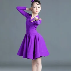 Latin Dance Kids' Dancewear Dress Pure Color Splicing Girls' Performance Training Long Sleeve High Polyester
