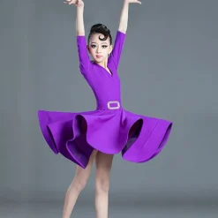 Latin Dance Kids' Dancewear Dress Pure Color Splicing Girls' Performance Training Long Sleeve High Polyester