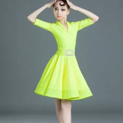 Latin Dance Kids' Dancewear Dress Pure Color Splicing Girls' Performance Training Half Sleeve High Polyester