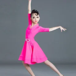 Latin Dance Kids' Dancewear Dress Pure Color Splicing Girls' Performance Training Half Sleeve High Polyester