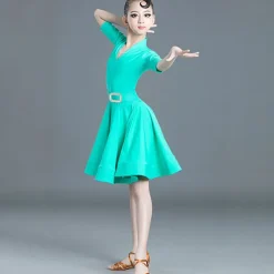 Latin Dance Kids' Dancewear Dress Pure Color Splicing Girls' Performance Training Half Sleeve High Polyester