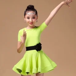 Latin Dance Kids' Dancewear Dress Sash / Ribbon Cascading Ruffles Girls' Training Performance Short Sleeve Spandex Pleuche Polyester