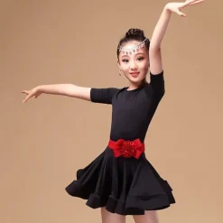 Latin Dance Kids' Dancewear Dress Sash / Ribbon Cascading Ruffles Girls' Training Performance Short Sleeve Spandex Pleuche Polyester