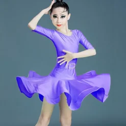 Latin Dance Kids' Dancewear Dress Pure Color Splicing Girls' Performance Training Half Sleeve High Polyester