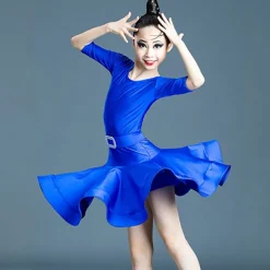 Latin Dance Kids' Dancewear Dress Pure Color Splicing Girls' Performance Training Half Sleeve High Polyester