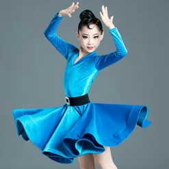 Latin Dance Kids' Dancewear Dress Pure Color Splicing Girls' Performance Training Long Sleeve High Polyester