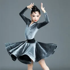 Latin Dance Kids' Dancewear Dress Pure Color Splicing Girls' Performance Training Long Sleeve High Polyester