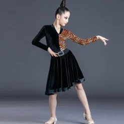 Latin Dance Kids' Dancewear Dress Leopard Print Printing Pure Color Girls' Performance Training Long Sleeve High Polyester