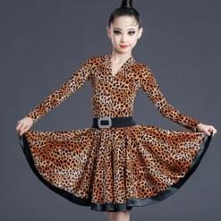 Latin Dance Kids' Dancewear Dress Leopard Print Printing Pure Color Girls' Performance Training Long Sleeve High Polyester
