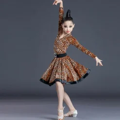 Latin Dance Kids' Dancewear Dress Leopard Print Printing Pure Color Girls' Performance Training Long Sleeve High Polyester