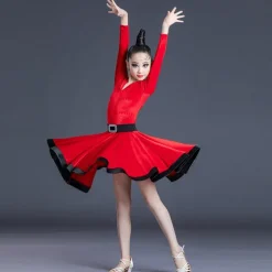 Latin Dance Kids' Dancewear Dress Leopard Print Printing Pure Color Girls' Performance Training Long Sleeve High Polyester