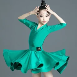 Latin Dance Kids' Dancewear Dress Pure Color Splicing Girls' Performance Training Half Sleeve High Polyester