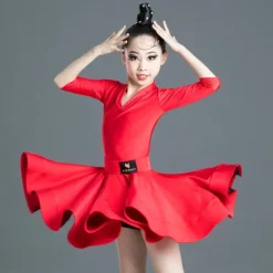 Latin Dance Kids' Dancewear Dress Pure Color Splicing Girls' Performance Training Half Sleeve High Polyester