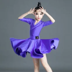 Latin Dance Kids' Dancewear Dress Pure Color Splicing Girls' Performance Training Half Sleeve High Polyester