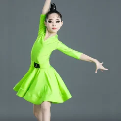 Latin Dance Kids' Dancewear Dress Pure Color Splicing Girls' Performance Training Half Sleeve High Polyester