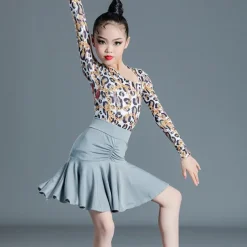 Latin Dance Kids' Dancewear Skirts Printing Splicing Girls' Performance Training Long Sleeve High Spandex