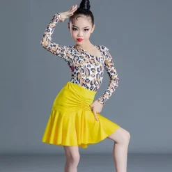 Latin Dance Kids' Dancewear Skirts Printing Splicing Girls' Performance Training Long Sleeve High Spandex