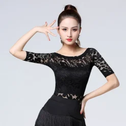 Latin Dance Top Lace Split Joint Women's Training Performance Half-Sleeve Spandex Lace