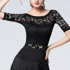 Latin Dance Top Lace Split Joint Women's Training Performance Half-Sleeve Spandex Lace