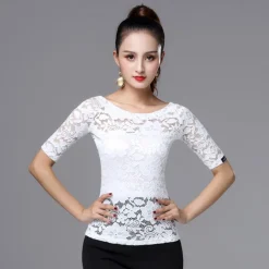 Latin Dance Top Lace Split Joint Women's Training Performance Half-Sleeve Spandex Lace