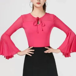 Latin Dance Top Pure Color Splicing Tulle Women's Performance Training Sleeveless High Polyester