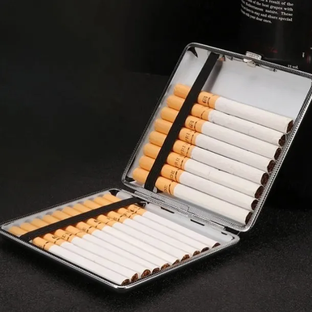 Leather Cigarette Case with Elastic Strap, Metal Frame, Holds 20 Cigarettes, Protective Holder for Hand-Rolled Cigarettes